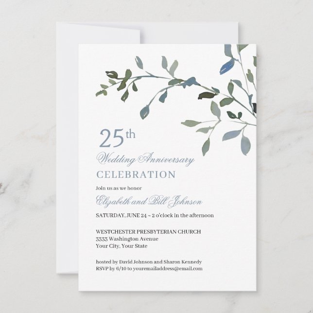Invitación Elegante acuarela Azul 25° Aniversario Boda (Anverso)