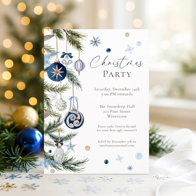 Invitación Elegante acuarela Azul Blanco Ornamento de Navidad (Subido por el creador)