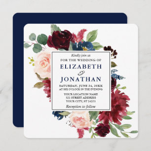 Invitación Elegante acuarela Azul Borgoña Floral Boda Plaza