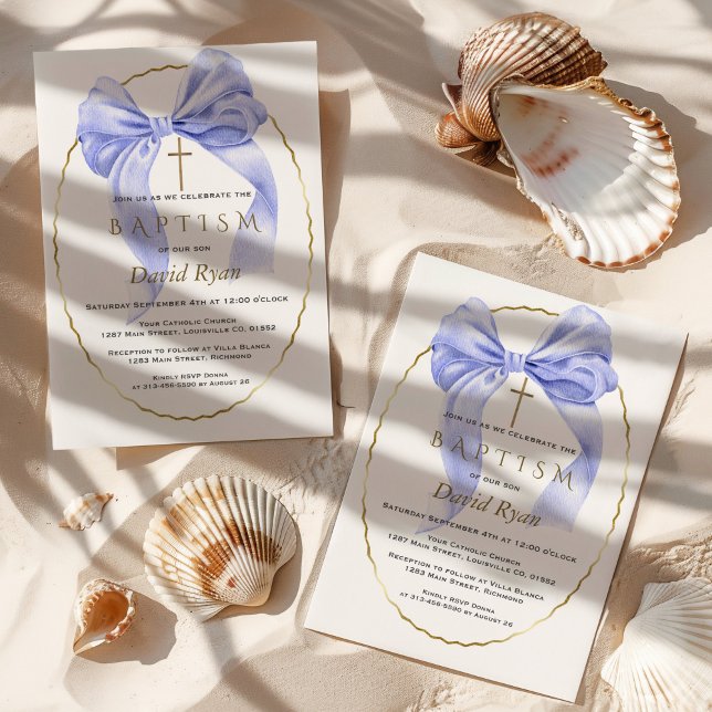 Invitación Elegante acuarela Azul Bow Gold Boy Baptismo (Subido por el creador)