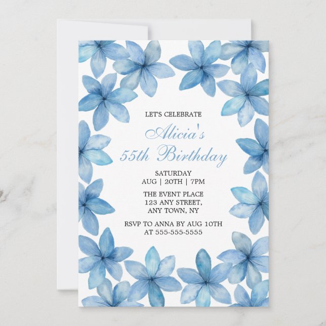 Invitación Elegante acuarela Azul Flor Cualquier cumpleaños d (Anverso)