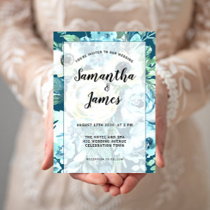 Invitación Elegante acuarela Azul Floral Blanca, Boda