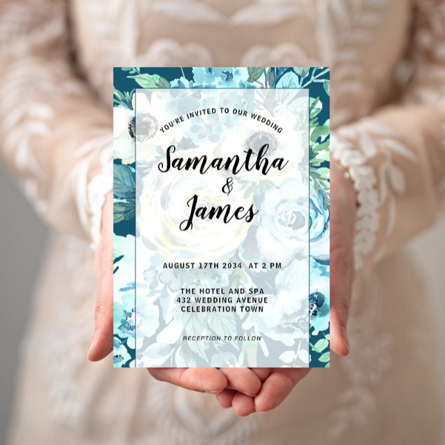 Invitación Elegante acuarela Azul Floral Blanca, Boda (Subido por el creador)