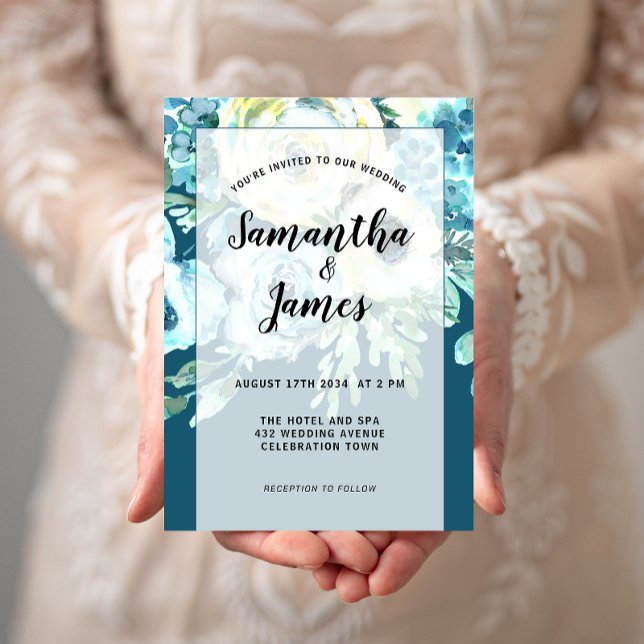 Invitación Elegante acuarela Azul Floral, Boda (Subido por el creador)