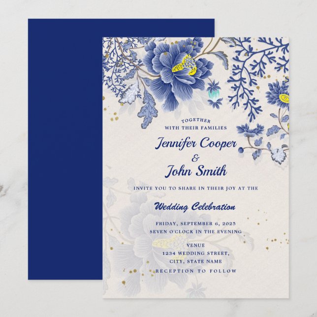 Invitación Elegante acuarela Azul Floral Boda Botánico (Anverso / Reverso)