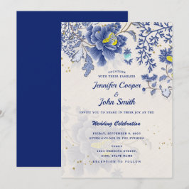 Invitación Elegante acuarela Azul Floral Boda Botánico