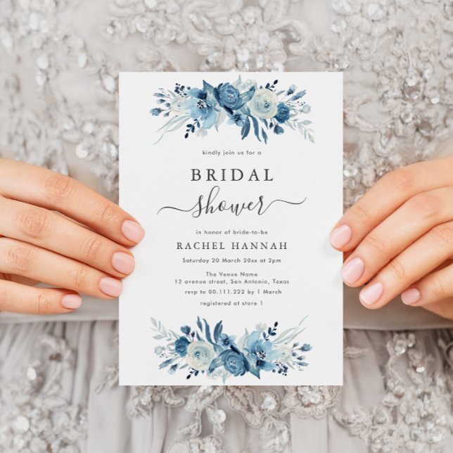 Invitación Elegante acuarela azul floral ducha de novia (Subido por el creador)
