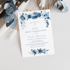 Invitación Elegante acuarela azul floral primera comunión