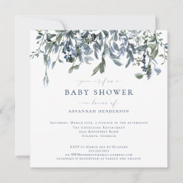 Invitación Elegante acuarela azul Floral Vines Baby Shower