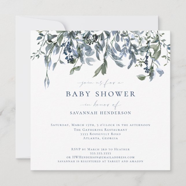 Invitación Elegante acuarela azul Floral Vines Baby Shower (Anverso)