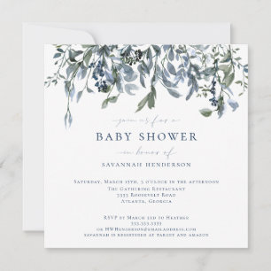 Invitación Elegante acuarela azul Floral Vines Baby Shower