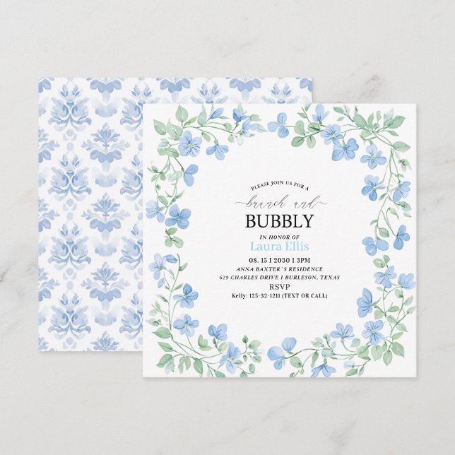 Invitación Elegante acuarela azul flores brunch y bubbl (Anverso / Reverso)