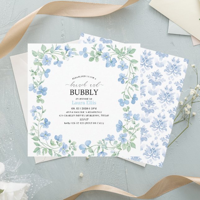 Invitación Elegante acuarela azul flores brunch y bubbl (Subido por el creador)