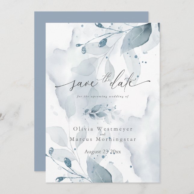 Invitación Elegante acuarela azul Foliage Save the Date (Anverso / Reverso)