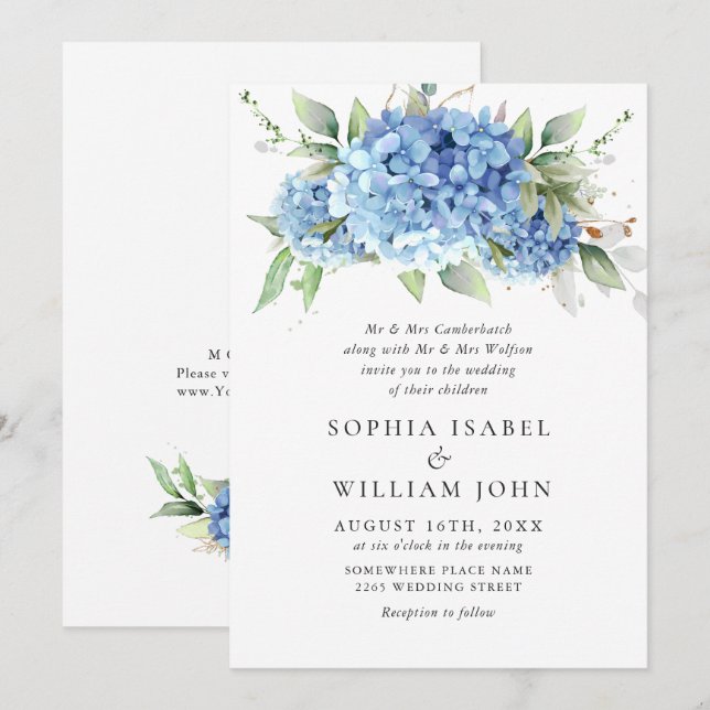 Invitación Elegante acuarela azul hidrangea Boda floral (Anverso / Reverso)