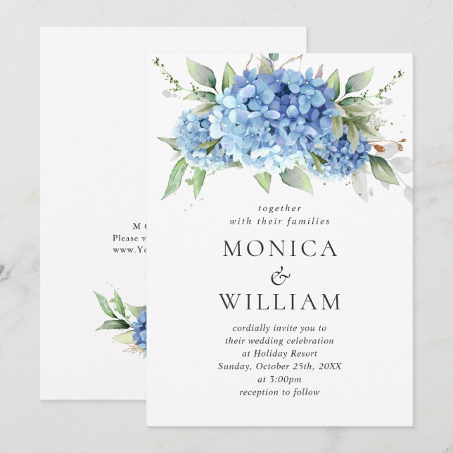 Invitación Elegante acuarela azul hidrangea Boda floral (Anverso / Reverso)