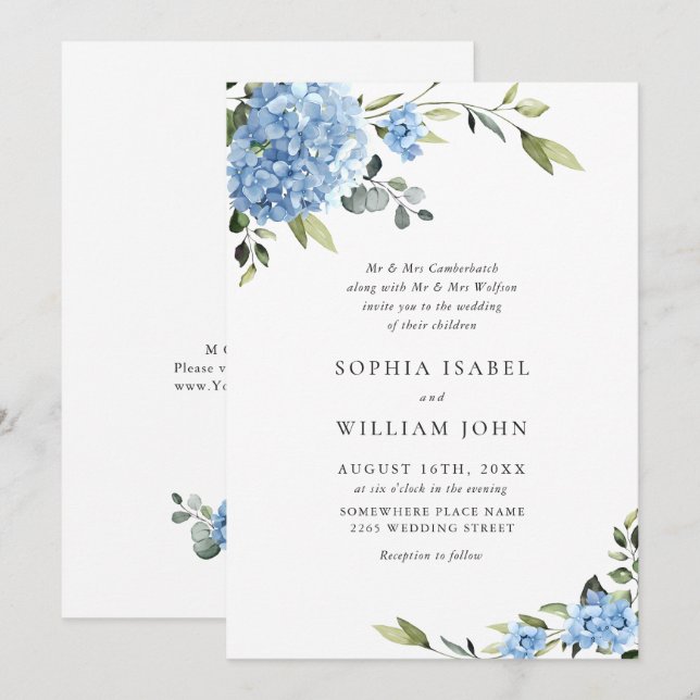 Invitación Elegante acuarela azul hidrangea Boda floral (Anverso / Reverso)