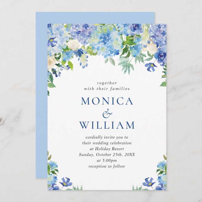 Invitación Elegante acuarela azul hidrangea Boda floral (Anverso / Reverso)
