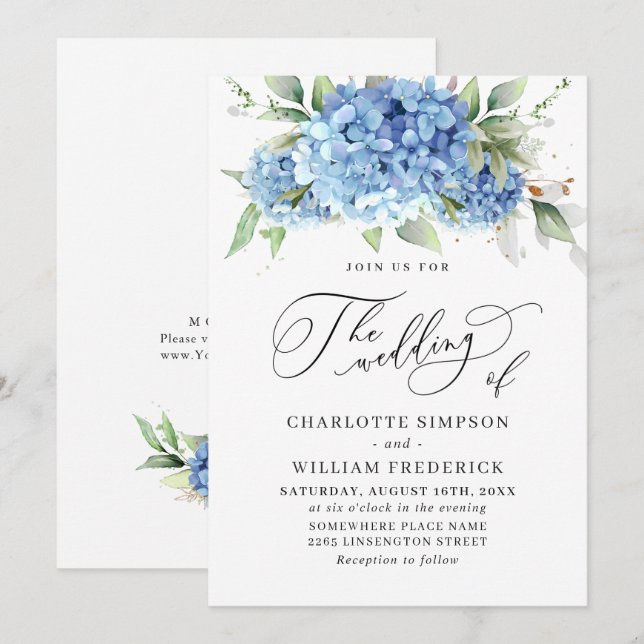 Invitación Elegante acuarela azul hidrangea Boda floral (Anverso / Reverso)