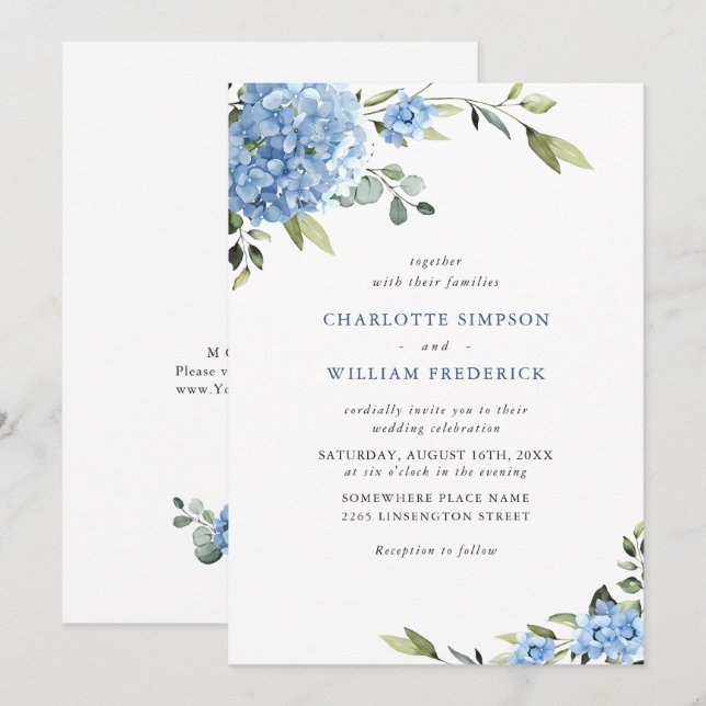 Invitación Elegante acuarela azul hidrangea Boda floral (Anverso / Reverso)