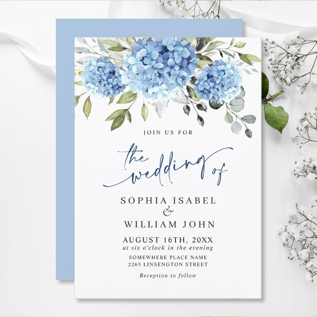 Invitación Elegante acuarela azul hidrangea Boda floral (Subido por el creador)