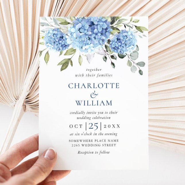 Invitación Elegante acuarela azul hidrangea Boda floral (Subido por el creador)