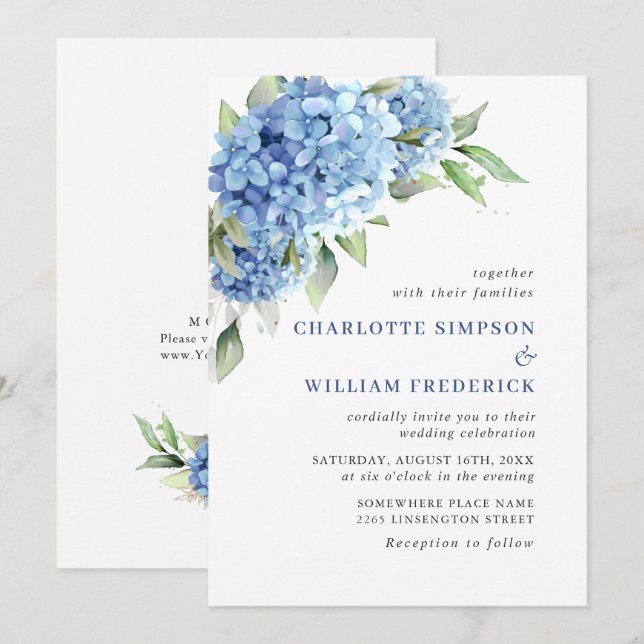 Invitación Elegante acuarela azul hidrangea Boda floral (Anverso / Reverso)