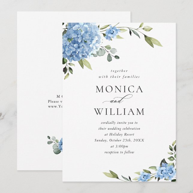 Invitación Elegante acuarela azul hidrangea Boda floral (Anverso / Reverso)