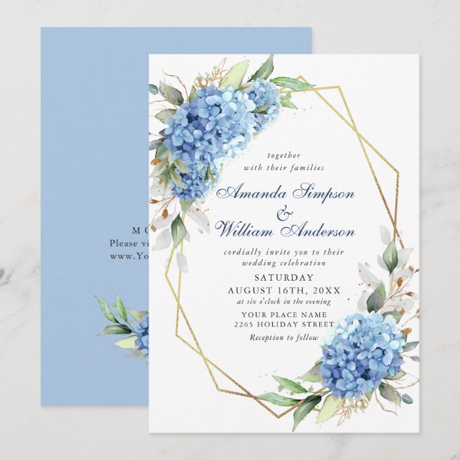 Invitación Elegante acuarela azul hidrangea Boda floral (Anverso / Reverso)