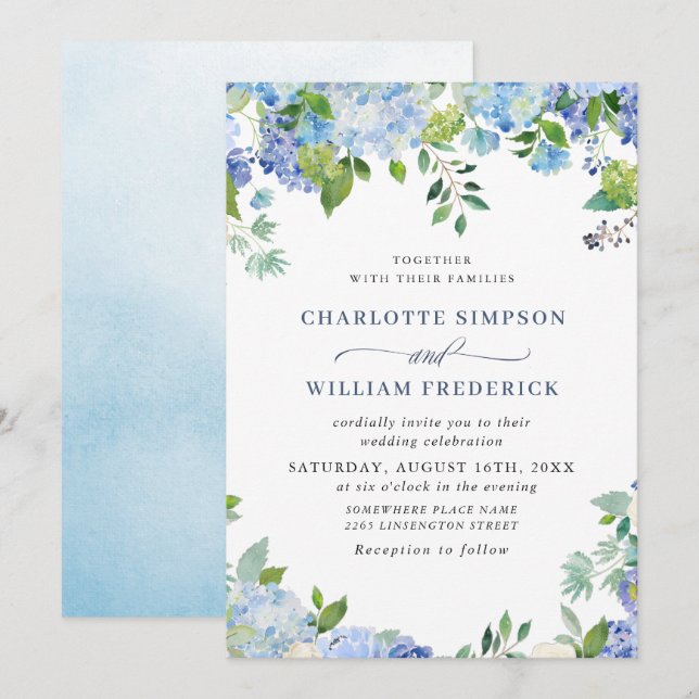 Invitación Elegante acuarela azul hidrangea Boda floral (Anverso / Reverso)