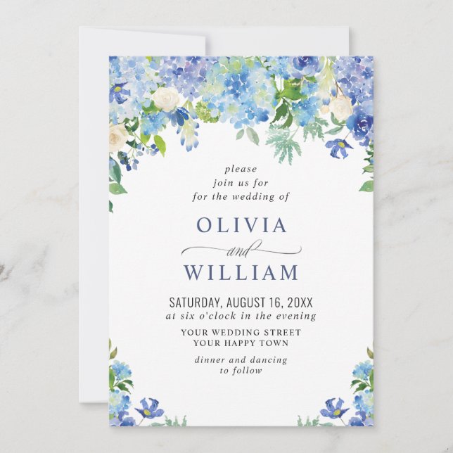 Invitación Elegante acuarela azul hidrangea Boda floral (Anverso)