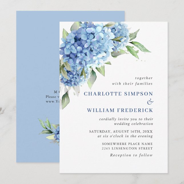 Invitación Elegante acuarela azul hidrangea Boda floral (Anverso / Reverso)
