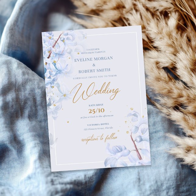 Invitación Elegante acuarela azul hyacinth faux gold (Elegant watercolor blue hyacinth faux gold invitation)