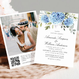 Invitación Elegante acuarela azul Hydrangea Boda código QR