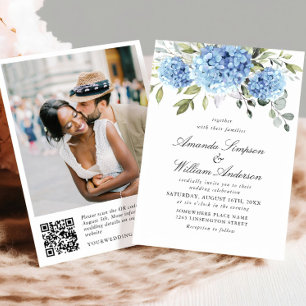 Invitación Elegante acuarela azul Hydrangea Boda código QR