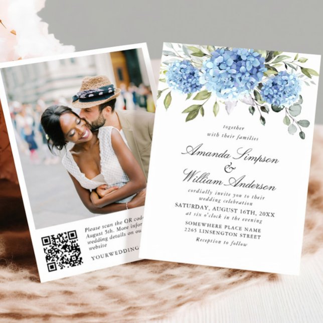 Invitación Elegante acuarela azul Hydrangea Boda código QR (Subido por el creador)