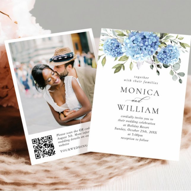 Invitación Elegante acuarela azul Hydrangea Boda código QR (Subido por el creador)