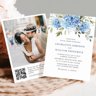 Invitación Elegante acuarela azul Hydrangea Boda código QR