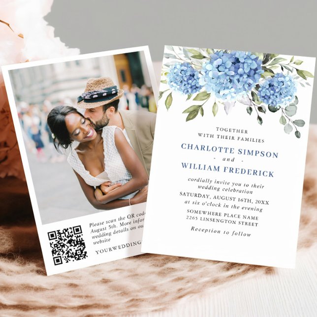 Invitación Elegante acuarela azul Hydrangea Boda código QR (Subido por el creador)