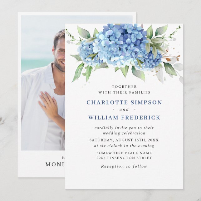 Invitación Elegante acuarela azul Hydrangea Boda fotográfico (Anverso / Reverso)