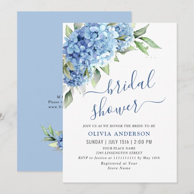 Invitación Elegante acuarela azul Hydrangea BRIDAL DUCHA (Anverso / Reverso)