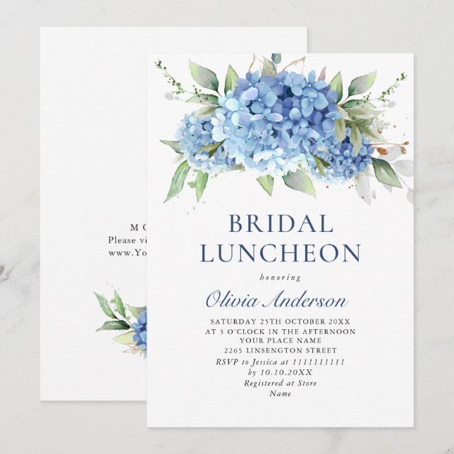 Invitación Elegante acuarela azul Hydrangea BRIDAL LUNCHEON (Anverso / Reverso)