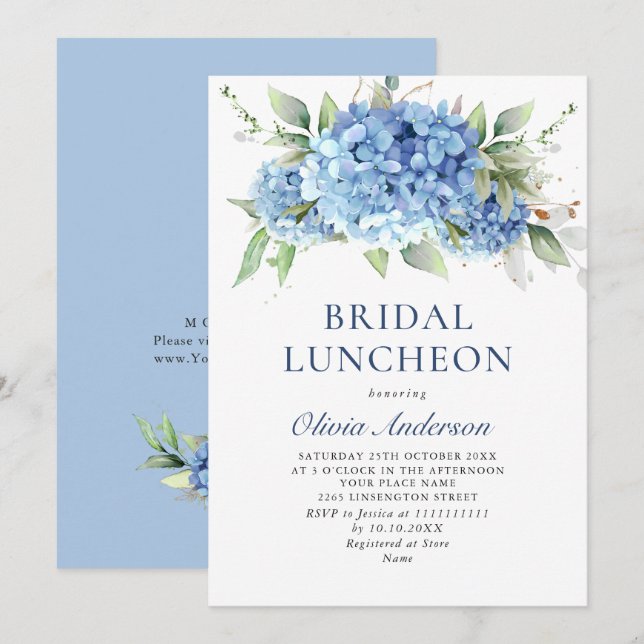 Invitación Elegante acuarela azul Hydrangea BRIDAL LUNCHEON (Anverso / Reverso)
