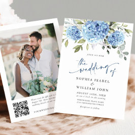Invitación Elegante acuarela azul Hydrangea Foto Boda QR
