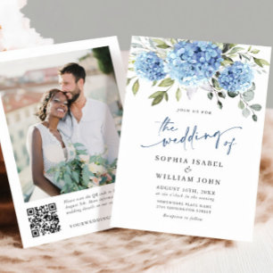 Invitación Elegante acuarela azul Hydrangea Foto Boda QR