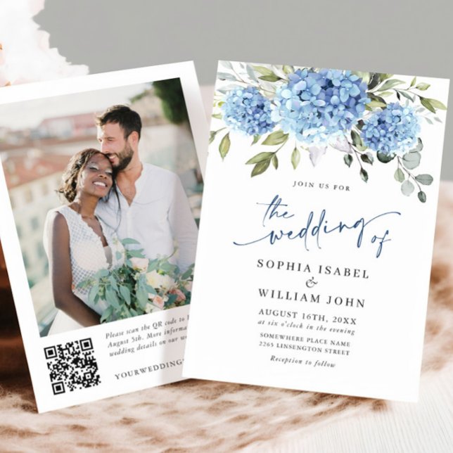 Invitación Elegante acuarela azul Hydrangea Foto Boda QR (Subido por el creador)