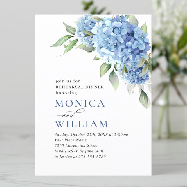Invitación Elegante acuarela Azul Hydrangea REHEARSAL CENA (Subido por el creador)
