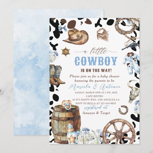 Invitación Elegante acuarela azul pequeño Cowboy Baby Shower (Anverso / Reverso)