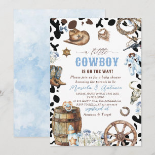 Invitación Elegante acuarela azul pequeño Cowboy Baby Shower