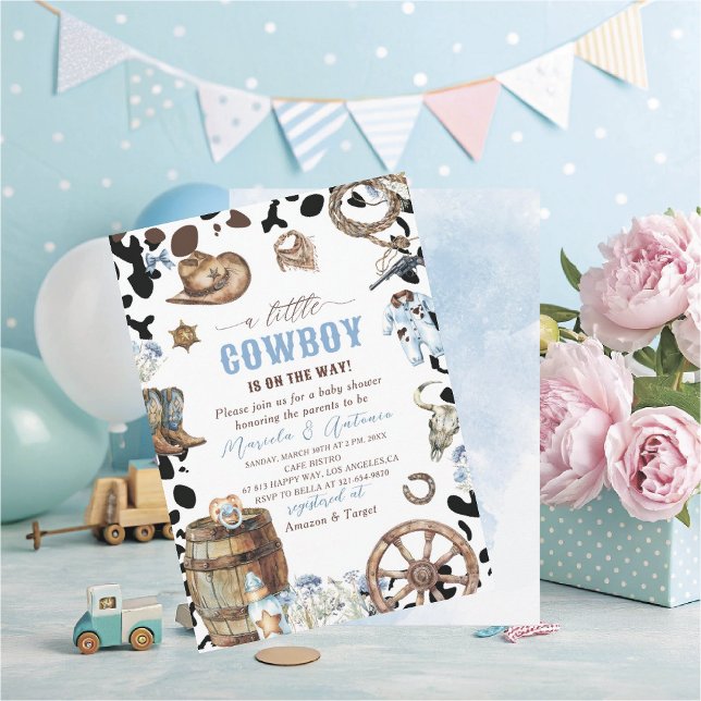 Invitación Elegante acuarela azul pequeño Cowboy Baby Shower (Subido por el creador)